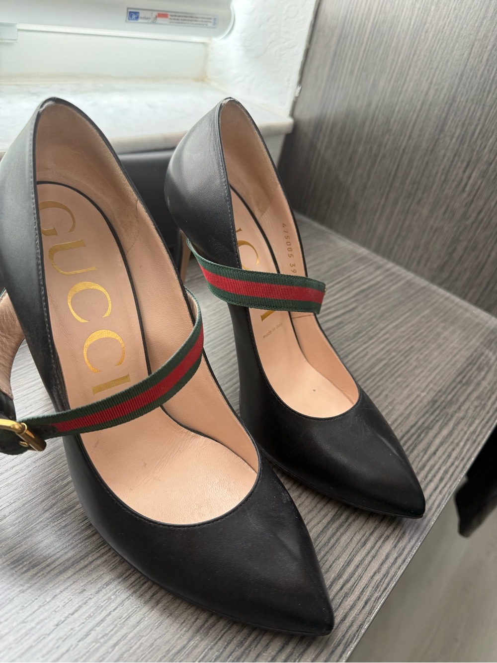 Gucci Black Leather Mary Jane Pumps with Green-Red Web Strap. - Picture 2 of 6